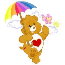 Színes grafika: egy világosbarna, kétlábon sétáló medve a Gondos bocsok c. rajzfilmsorozatból,  fehér mellkasán szivecskével, jobb kezével feje fölé nyitott esernyőt tart, bal keze körül lila pillangó, a színtelen háttérben egy kis felhő.